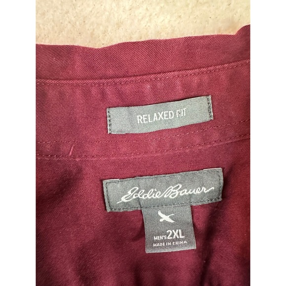 Eddie Bauer Mens 2XL Relaxed Fit Burgundy Button Down Shirt Long Sleeve Maroon - Picture 5 of 10